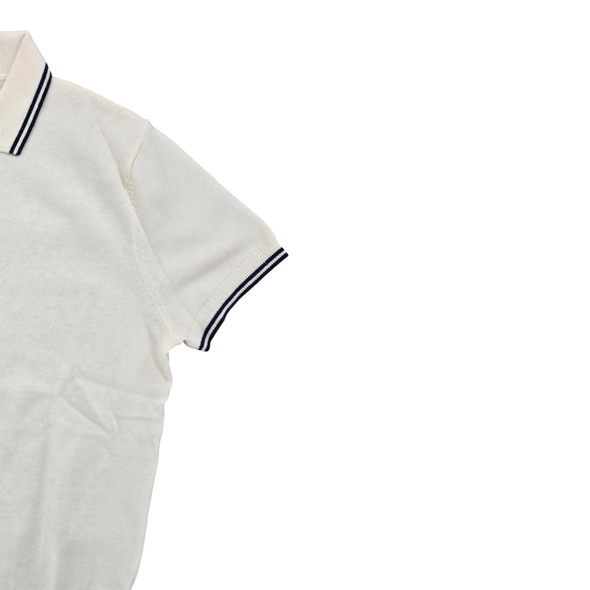 MILWORKS cream short sleeve knit polo shirt with navy trim on collar and cuffs, made from 95% cotton and 5% cashmere.