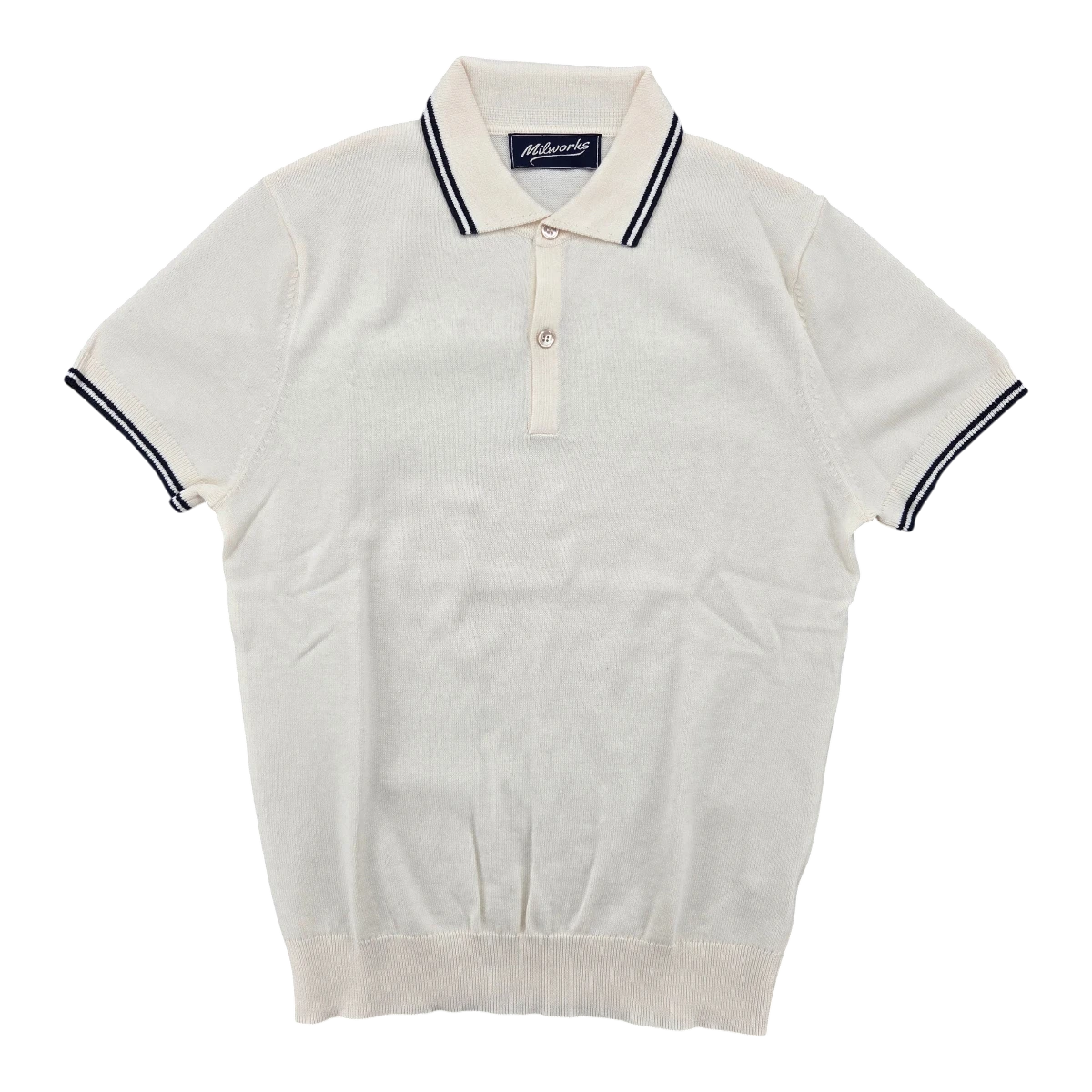 MILWORKS cream knit short sleeve polo shirt with navy trim on collar and cuffs, 95% cotton, 5% cashmere.
