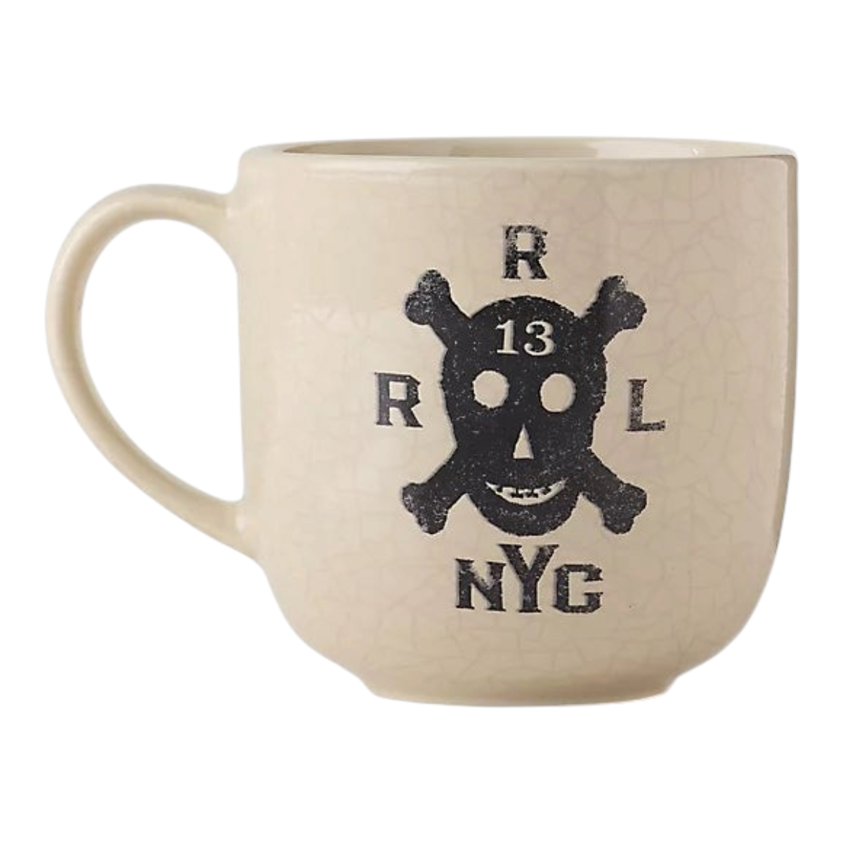 MILWORKS cream stoneware mug with a vintage crackle finish and a black Double RL Souvenir skull and crossbones graphic