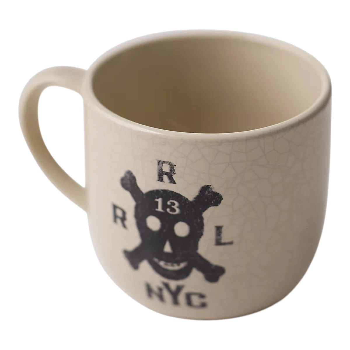 MILWORKS cream stoneware mug with a vintage crackle finish and Double RL Souvenir skull and crossbones graphic