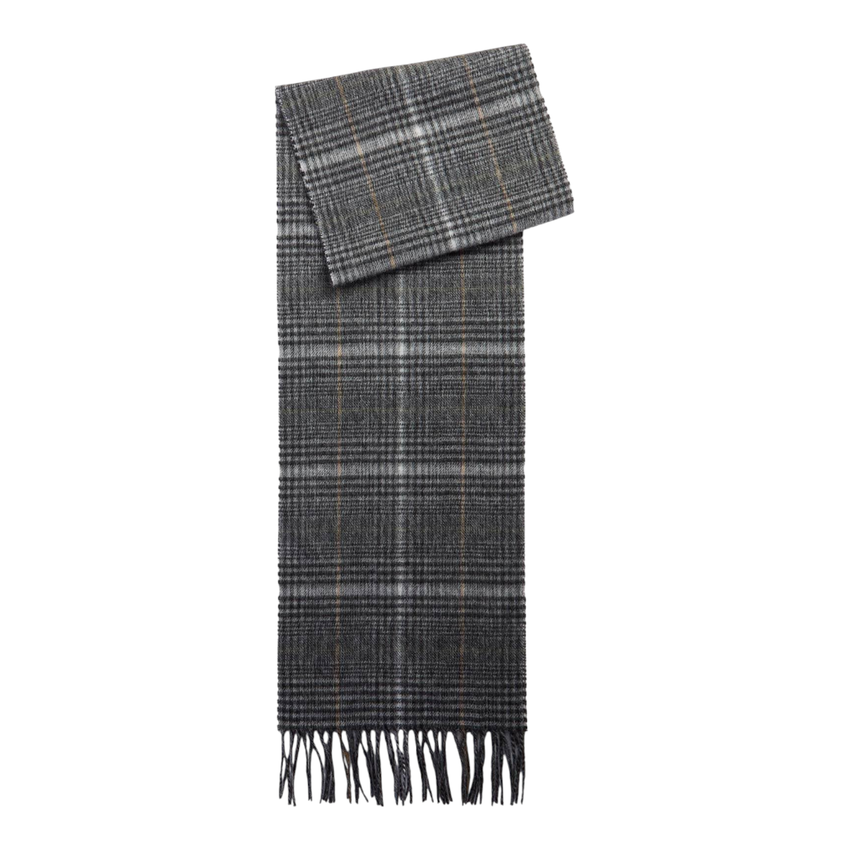 MILWORKS Barbour Danbrooke grey lambswool and cashmere scarf featuring a Prince of Wales check and a tasselled hem.