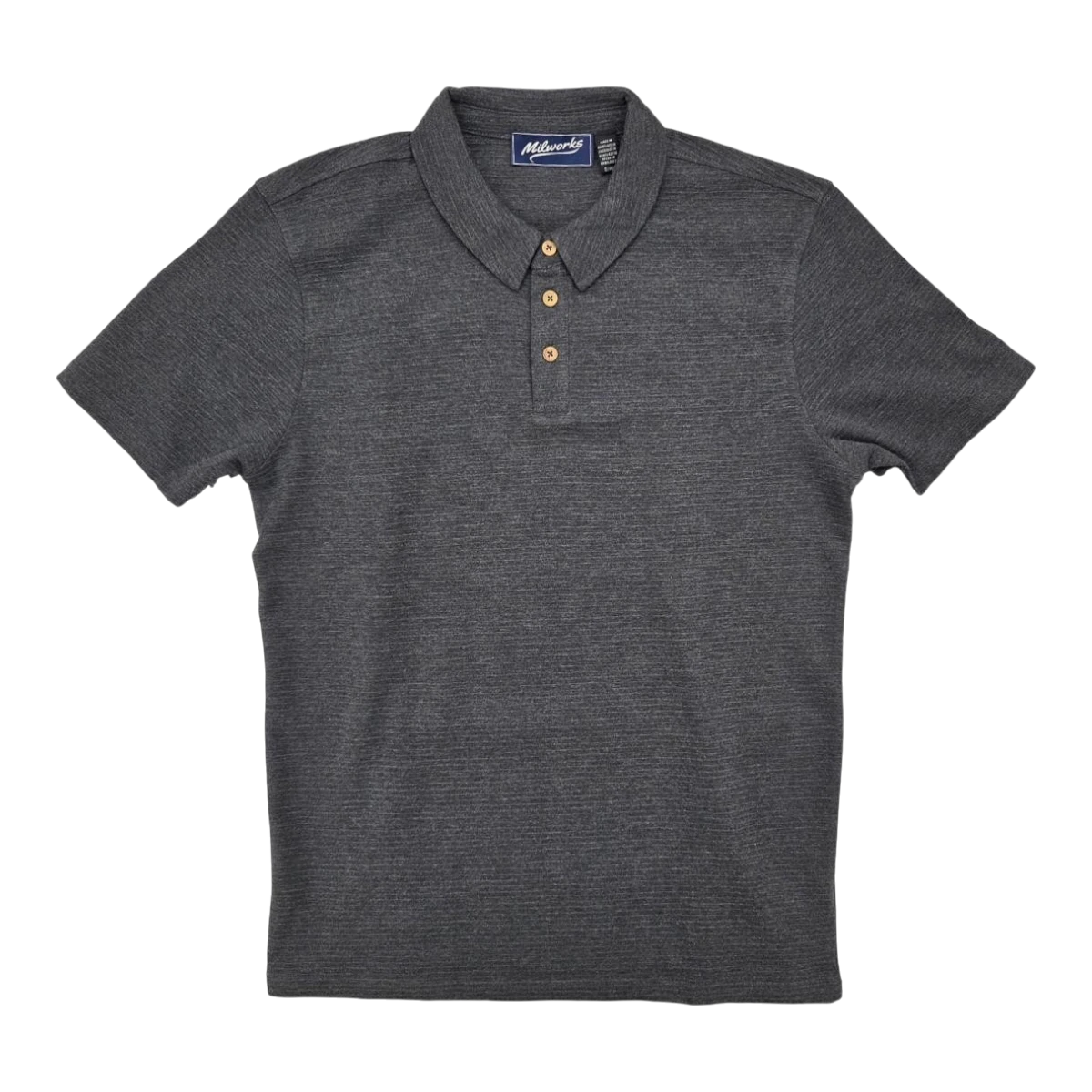 MILWORKSH dark grey textured short sleeve polo shirt with wooden buttons