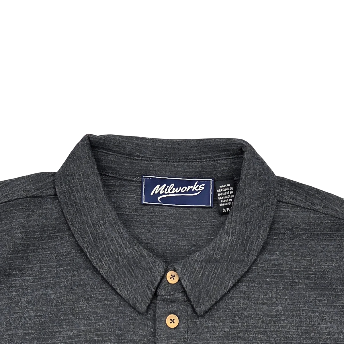 MILWORKSH dark grey textured short sleeve polo shirt with wooden buttons.