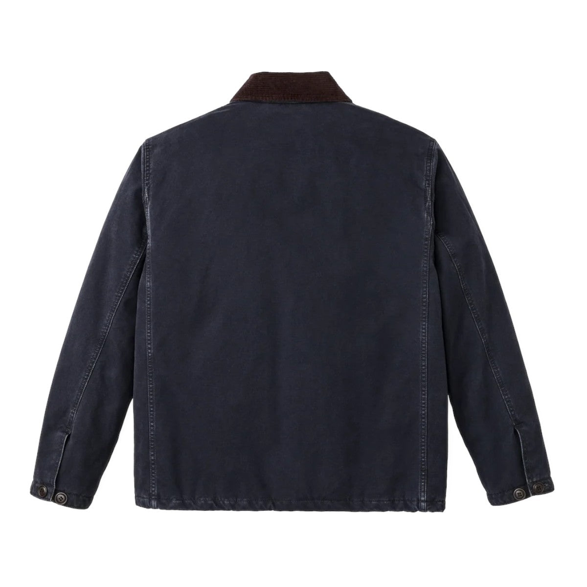 Back view of MILWORKS dark navy insulated canvas outfitter jacket with a brown corduroy collar.