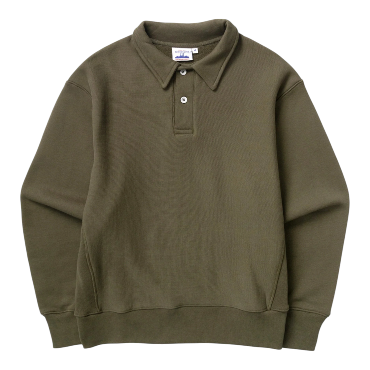 MILWORKS dark olive heavyweight organic cotton rugby shirt with a two-button collar, elastic cuffs, and side ribbing.