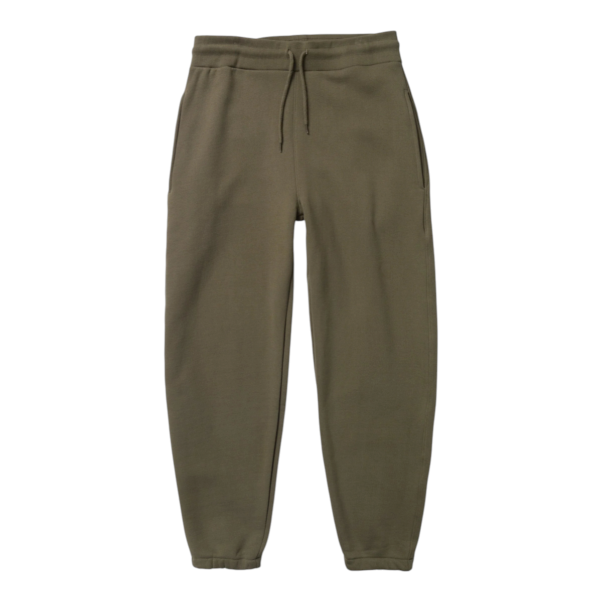 MILWORKS dark olive 16oz heavyweight organic cotton sweatpants with elastic waistband, drawcord, and elastic cuffs.