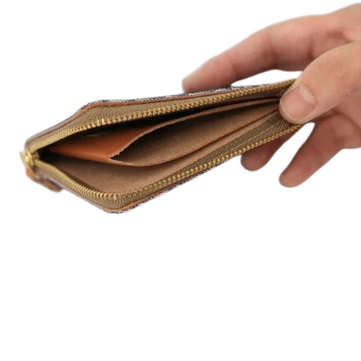 MILWORKS Big John denim and Italian leather L-zip coin case with brown interior dividers held in hand