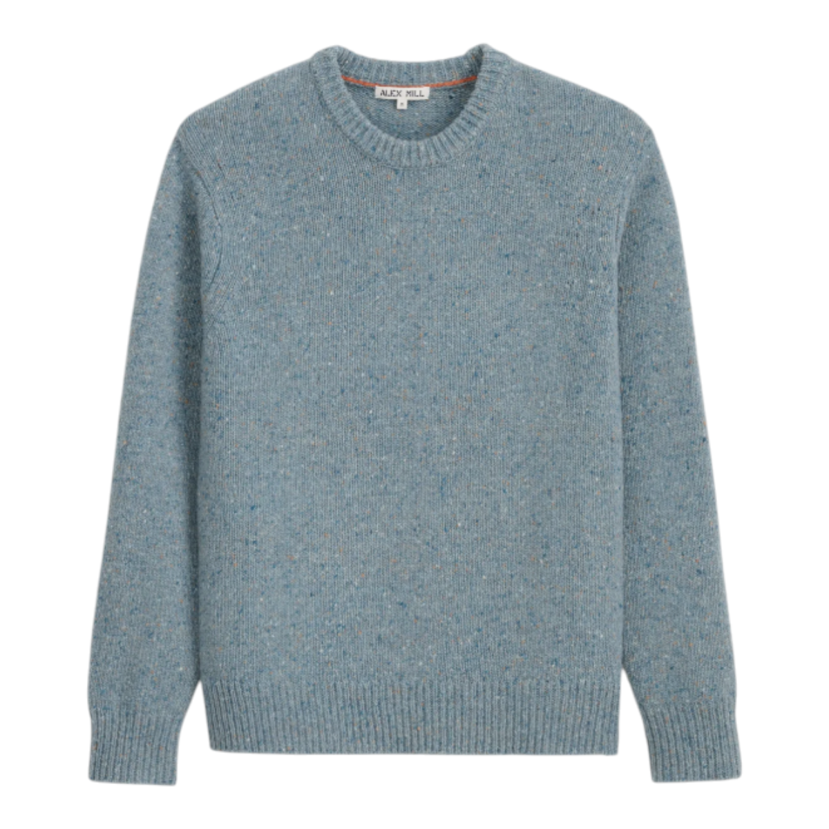MILWORKS Donegal crew neck sweater in sea mist blue wool and alpaca blend with classic speckled texture