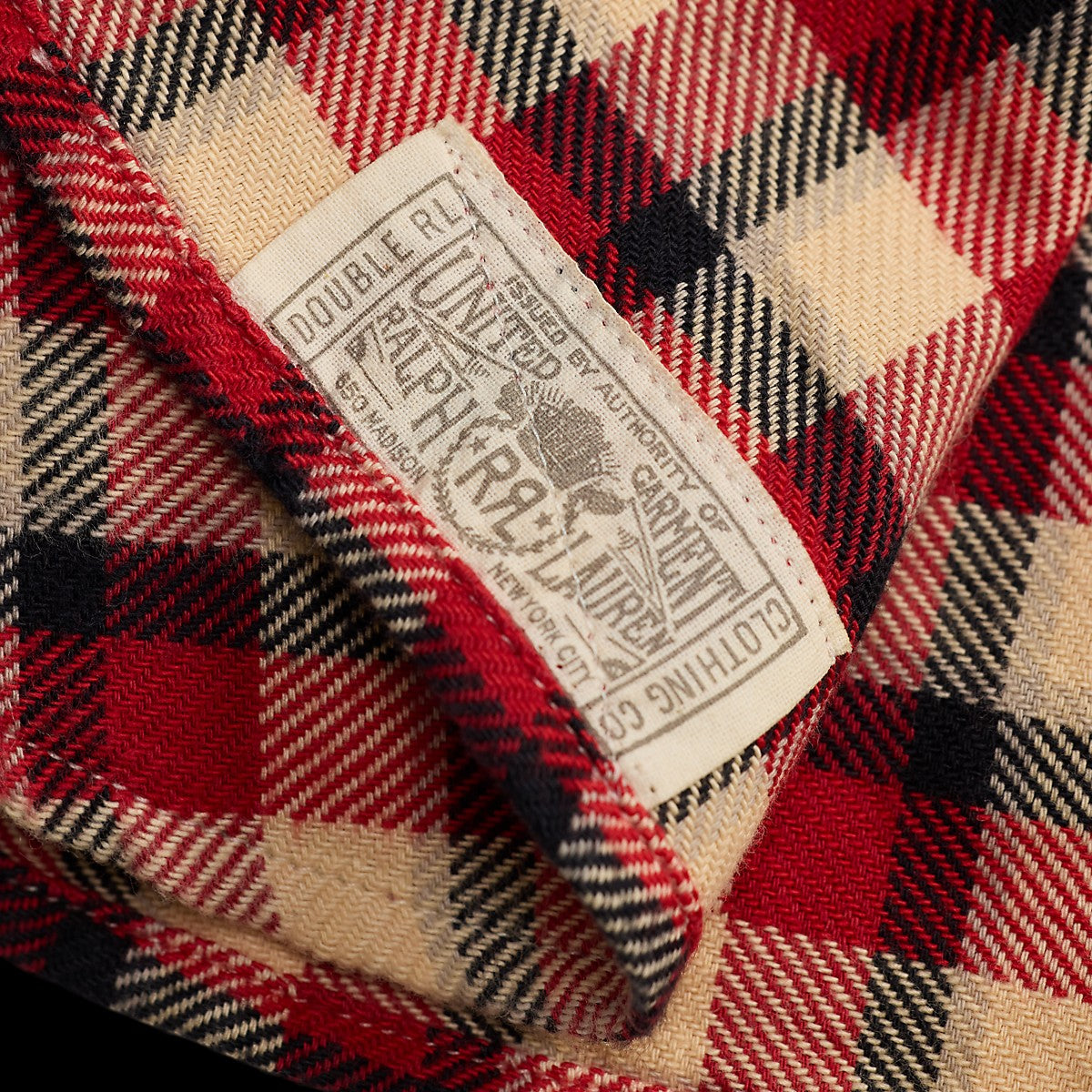 MILWORKS Double RL red and cream plaid cotton twill workshirt label detail