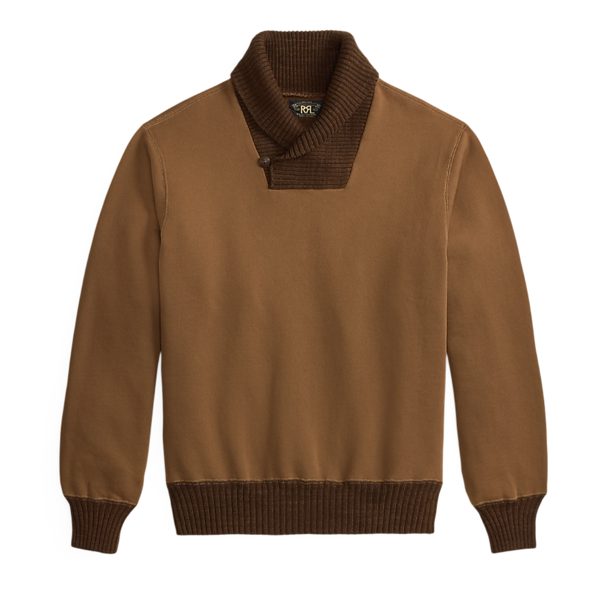 MILWORKS Double RL tan fleece pullover with a dark brown ribbed shawl collar and matching ribbed cuffs and hem.