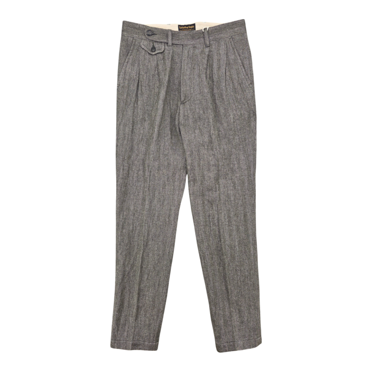 MILWORKS East Harbour Surplus grey double pleated wool trousers with a buttoned coin pocket, made in Italy.
