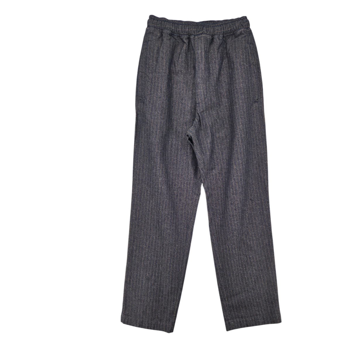 MILWORKS East Harbour Surplus black and blue pinstripe trousers with an elasticated waistband, made in Italy.