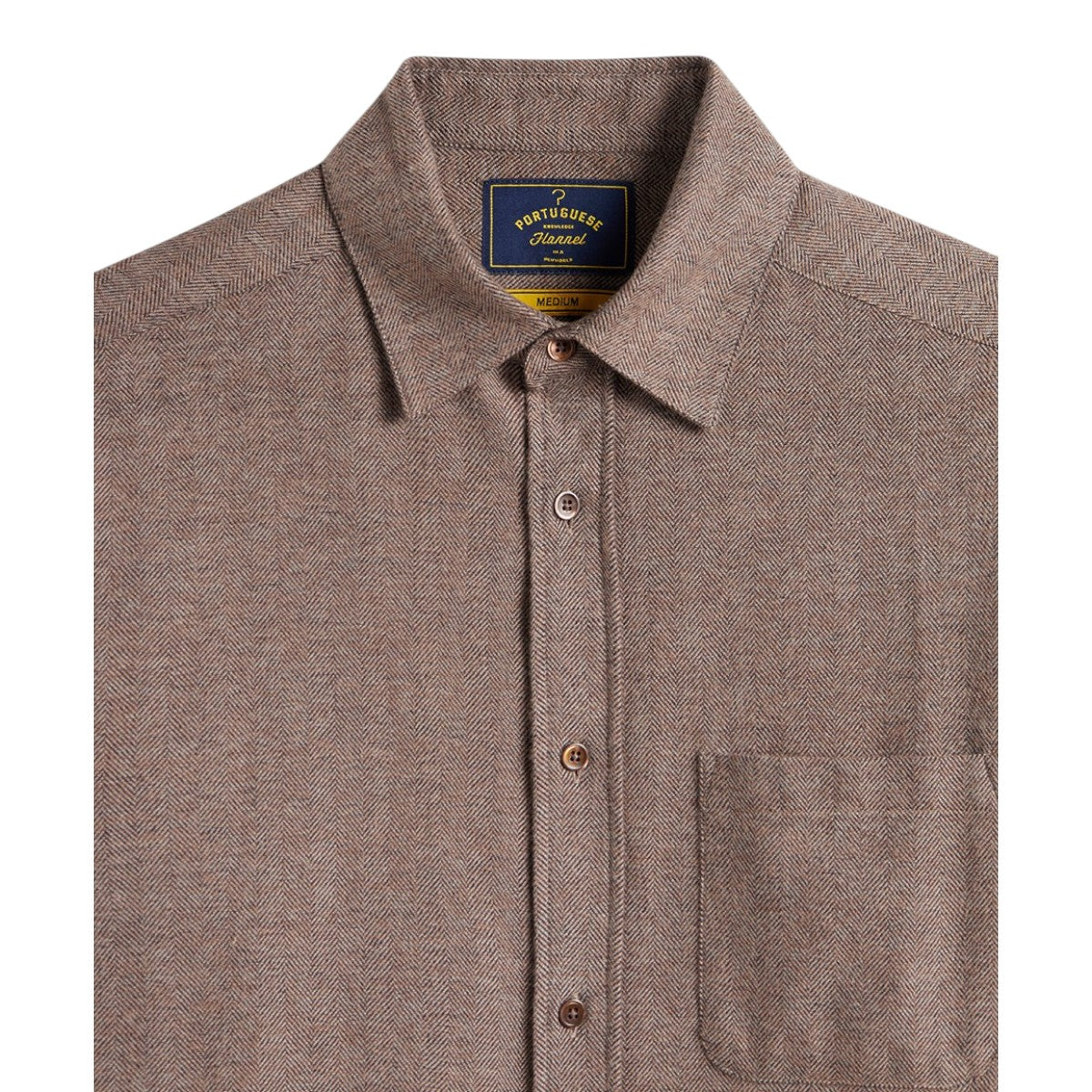 MILWORKS Portuguese Flannel Espiga shirt in brown herringbone cotton with mother of pearl buttons and chest pocket.