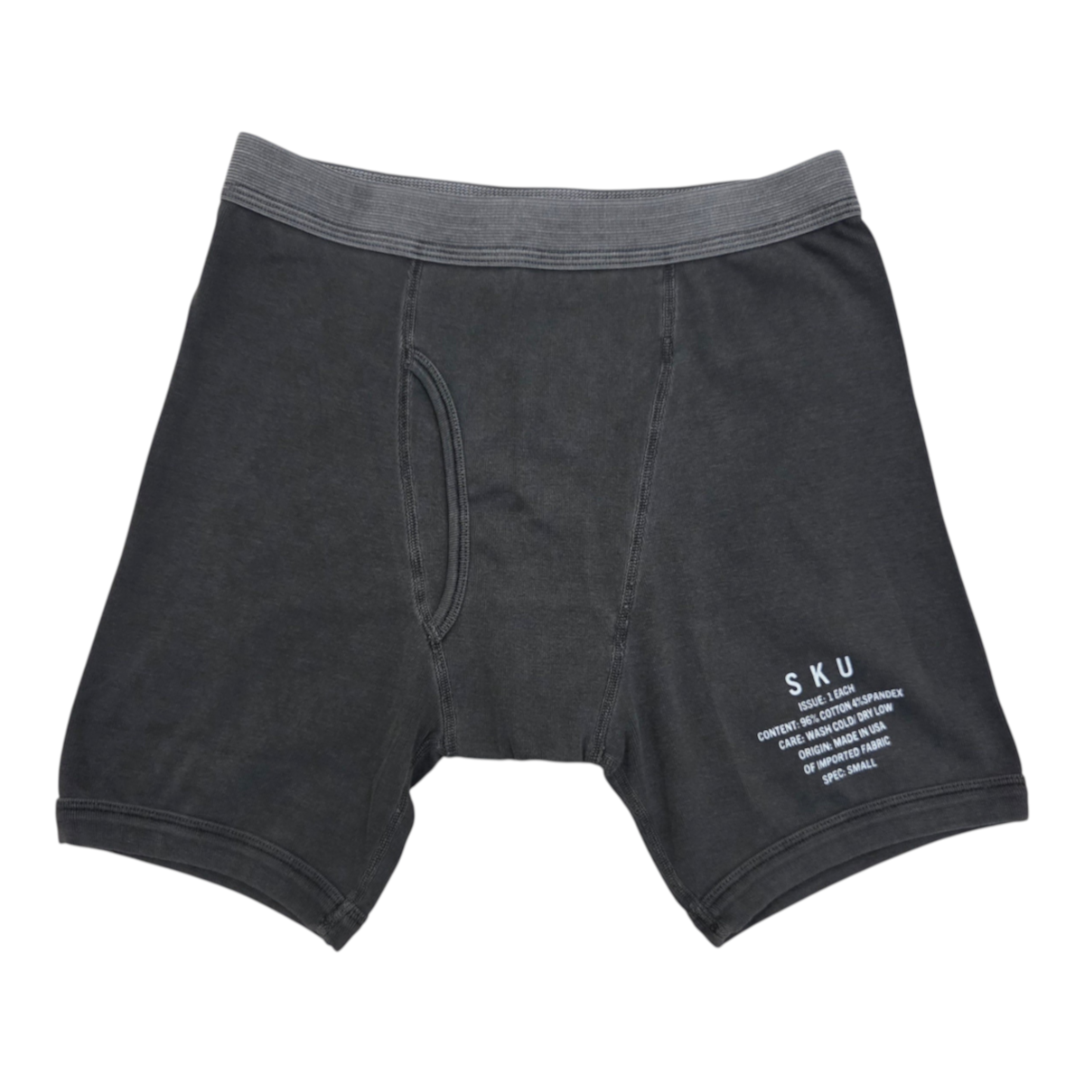 MILWORKS faded black distressed Supima cotton rib boxer briefs with an elastic waistband and printed SKU details.
