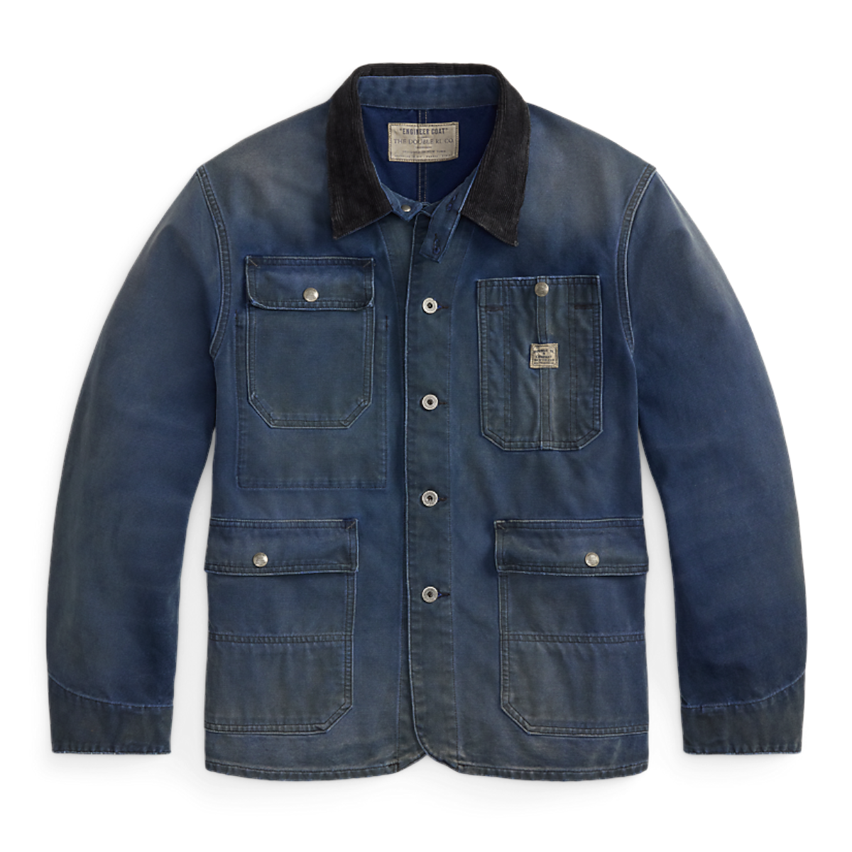 MILWORKS faded navy cotton canvas engineer jacket with a black corduroy collar, snap pockets, and vintage finish.