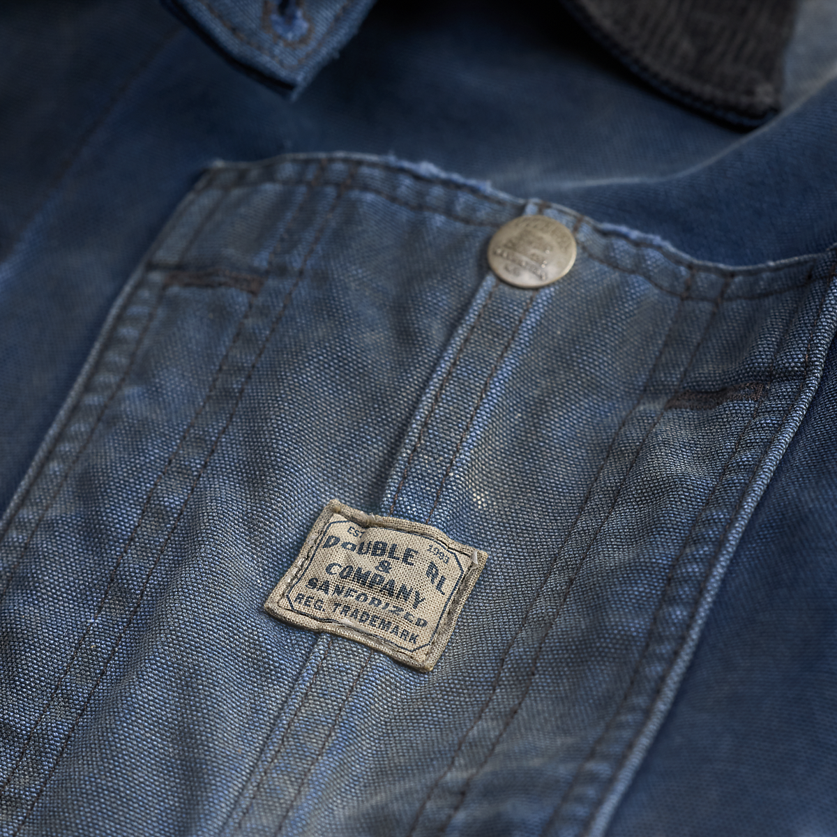 MILWORKS faded navy cotton canvas engineer jacket featuring a corduroy collar and Double RL &amp; Company chest label