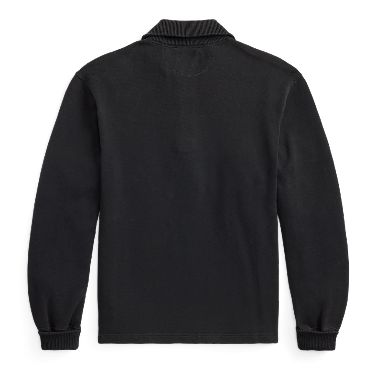 Back view of a MILWORKS faded navy cotton-blend fleece half zip sweatshirt with a ribbed collar and cuffs.