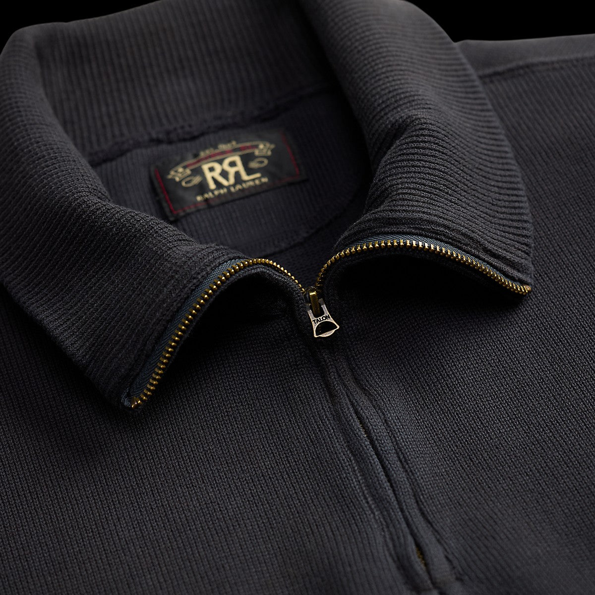 MILWORKS vintage-inspired faded navy cotton-blend fleece half zip sweatshirt with a brass Talon zipper