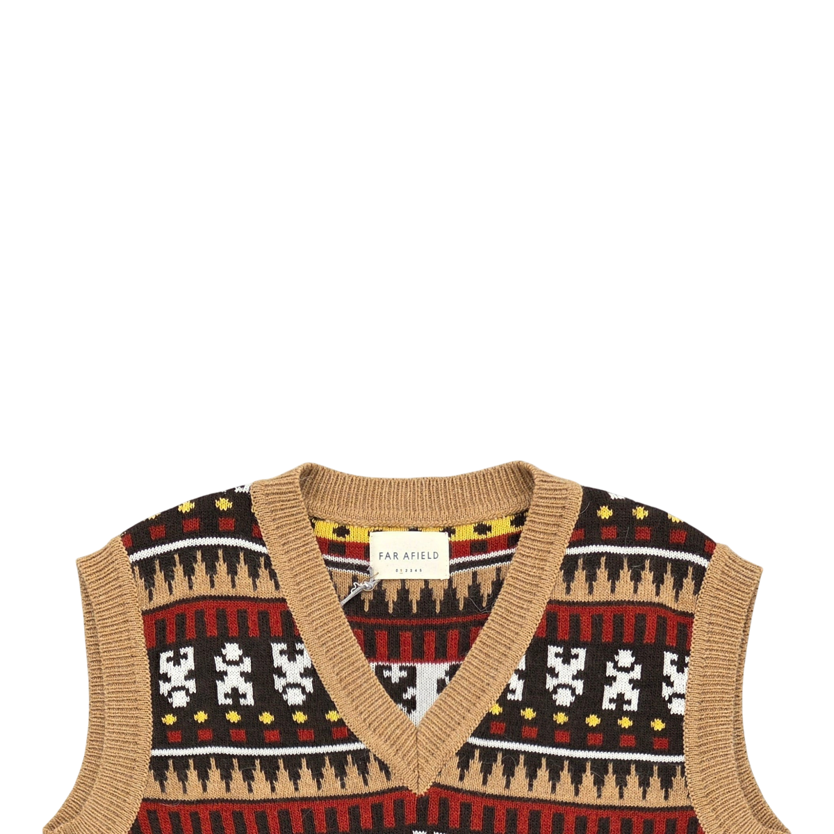 MILWORKS Far Afield Pinot knitted vest in camel multi featuring a traditional Fair Isle pattern and V-neck collar.