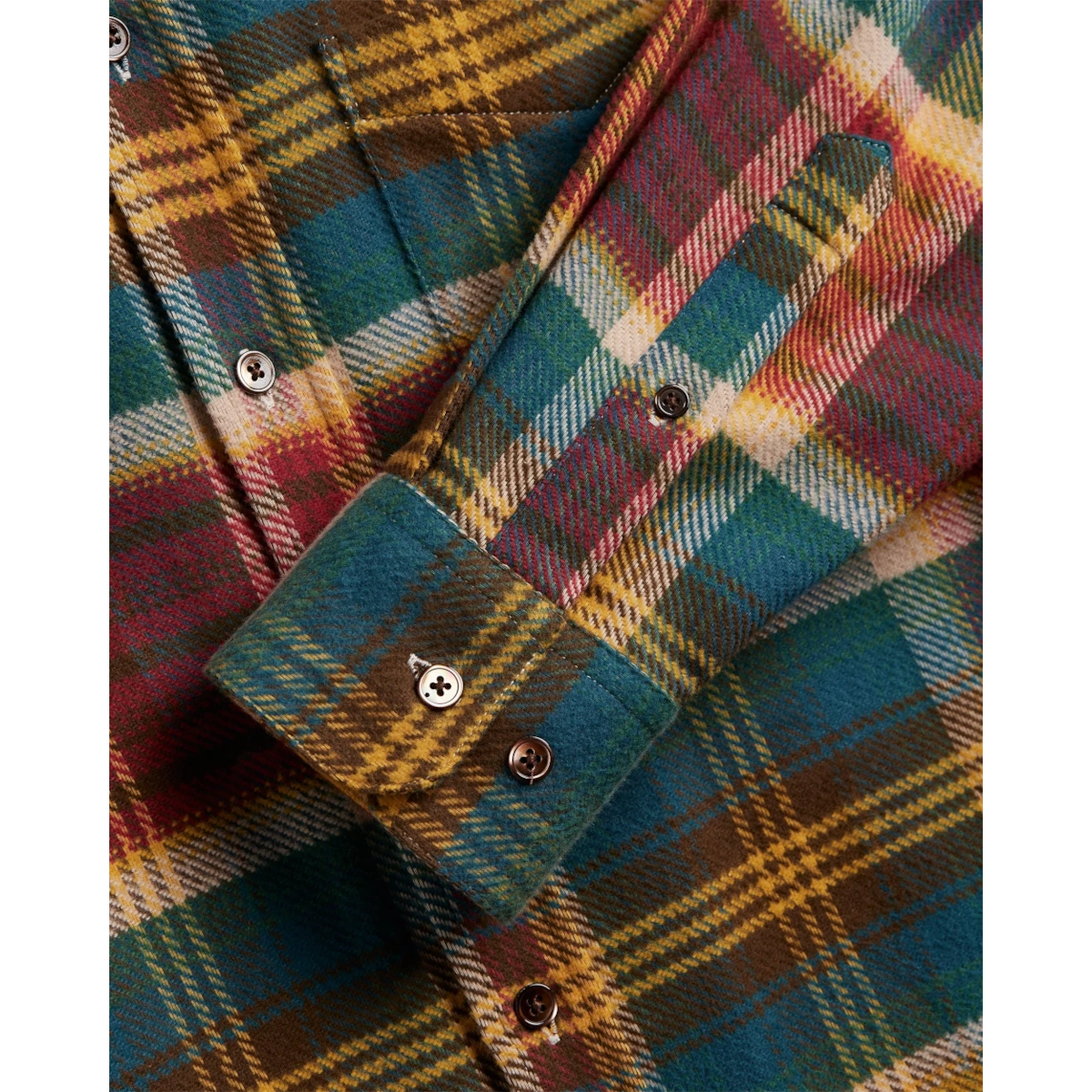 MILWORKS Fasema plaid flannel shirt in multi-colour cotton with mother of pearl buttons and buttoned cuff detail.