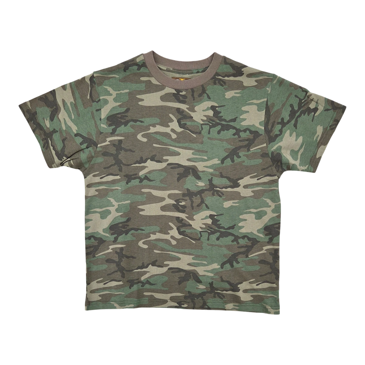 MILWORKS Fieldhouse Woodlands tee featuring a classic green, brown, and black camouflage print with a ribbed collar.