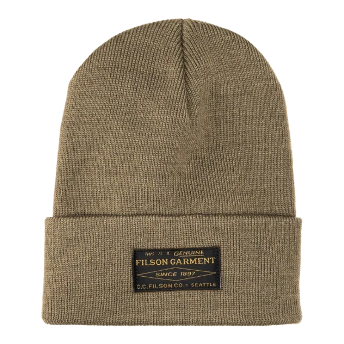 MILWORKS Filson Ballard Watch Cap in dark mushroom acrylic knit with a cuffed design and branded leather patch