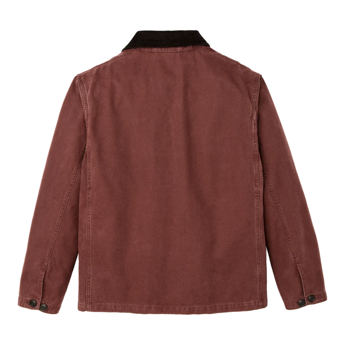 Back view of MILWORKS Filson Canvas Outfitter Jacket in Sequoia red with a dark corduroy collar.