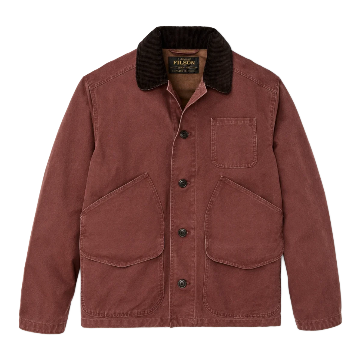 MILWORKS Filson Canvas Outfitter Jacket in sequoia red with a dark brown corduroy collar and button-front closure.