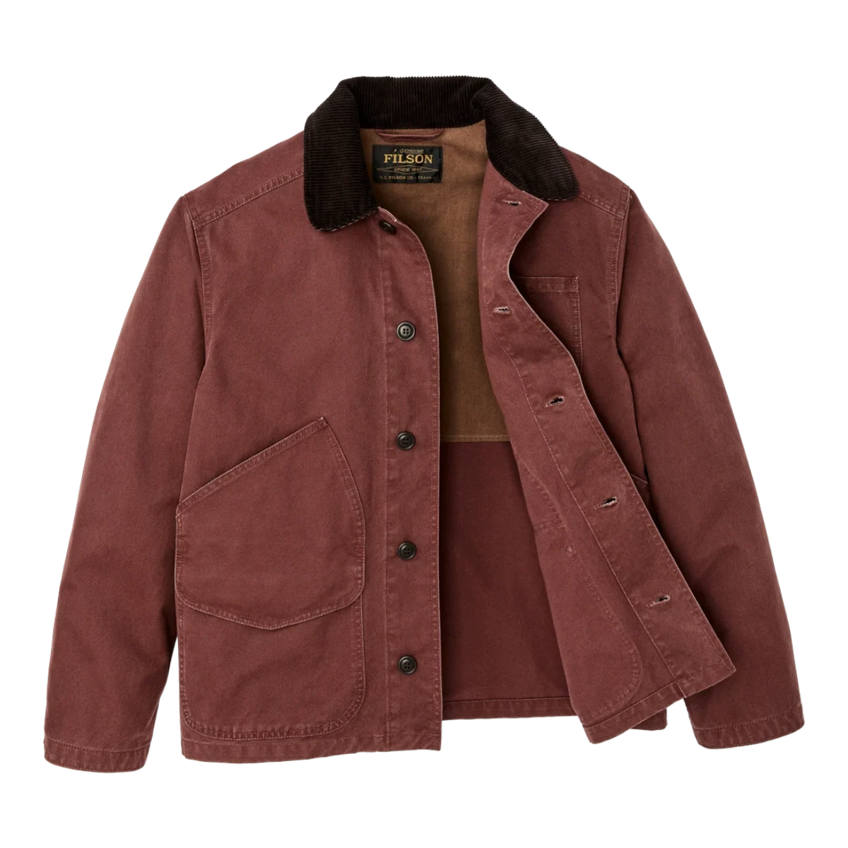 MILWORKS Filson Canvas Outfitter Jacket in Sequoia red with a dark brown corduroy collar and button-front closure.