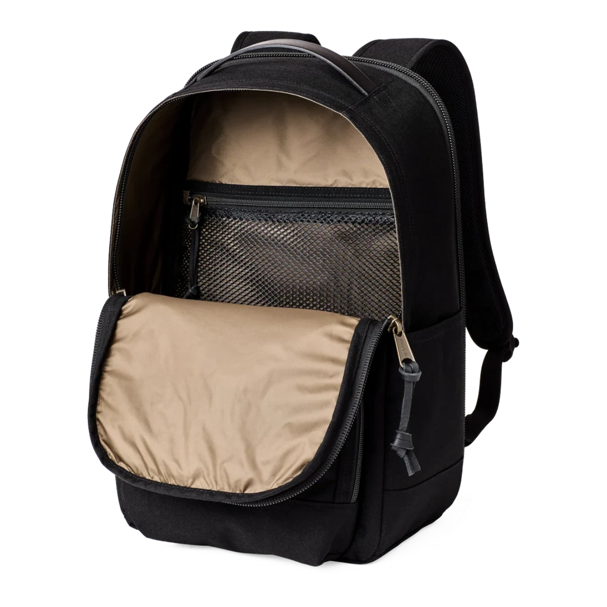 MILWORKS Filson Dryden black Cordura nylon backpack with open main compartment showing interior mesh pocket