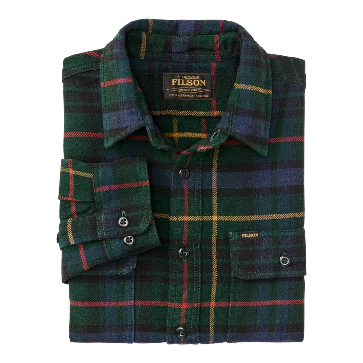 MILWORKS Filson vintage flannel work shirt in green and navy plaid with button-flap chest pockets and durable buttons.