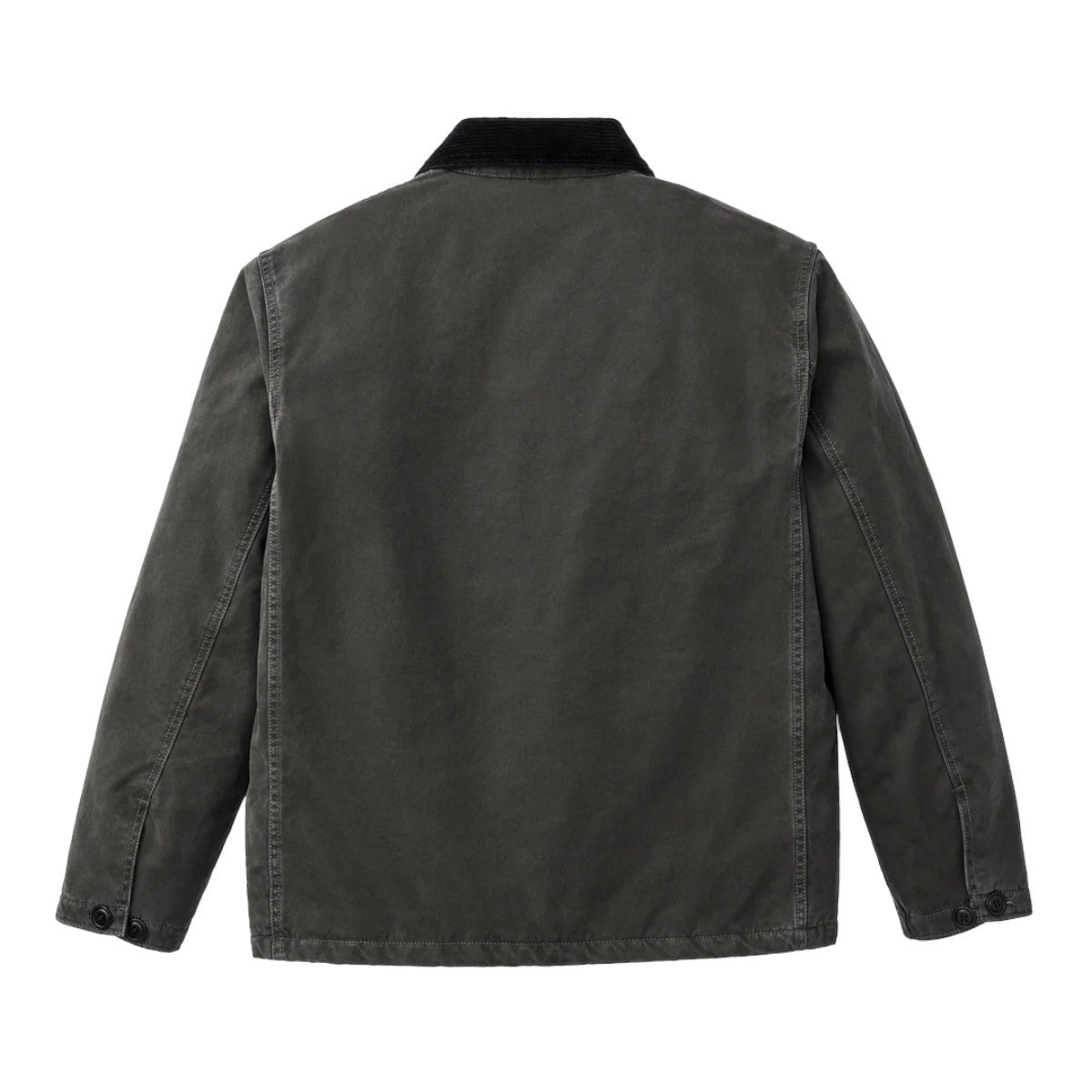 MILWORKS Filson insulated canvas outfitter jacket in peat green with a corduroy collar, back view.