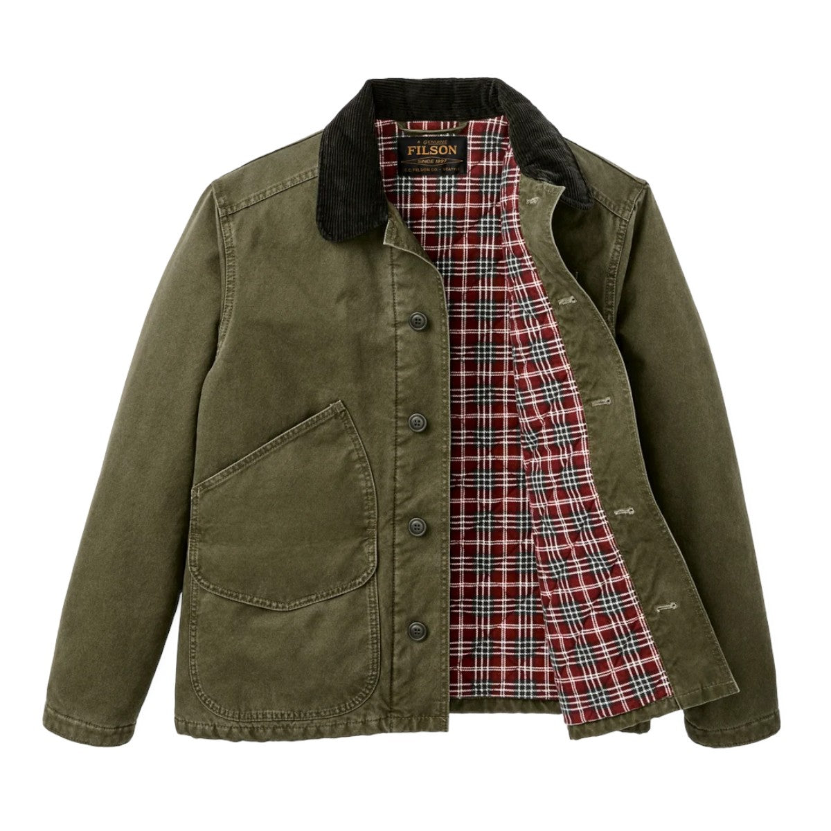 MILWORKS Filson insulated dark olive canvas outfitter jacket with a corduroy collar and red plaid flannel lining.