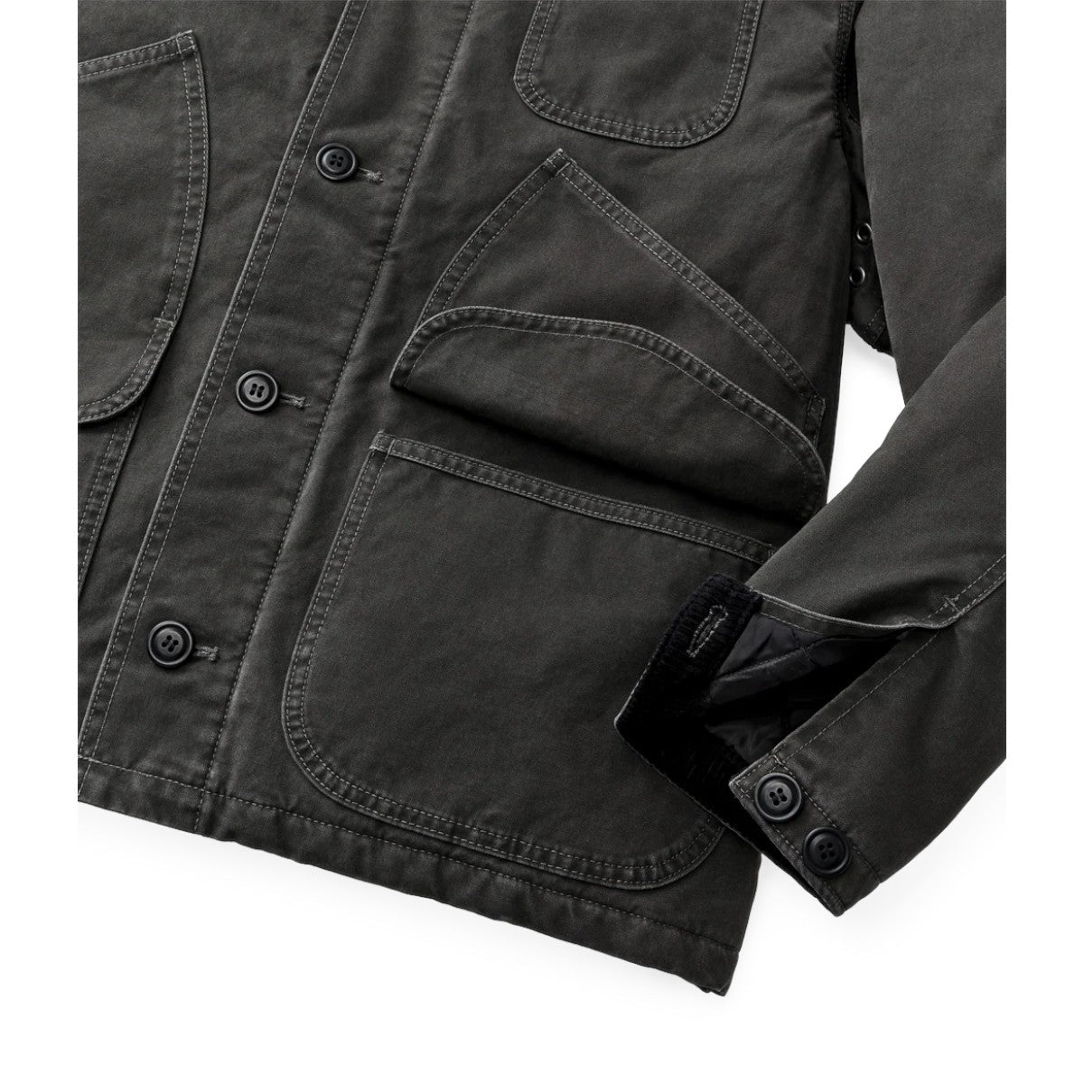 MILWORKS Filson insulated canvas outfitter jacket in peat featuring button-front closure and cargo pockets