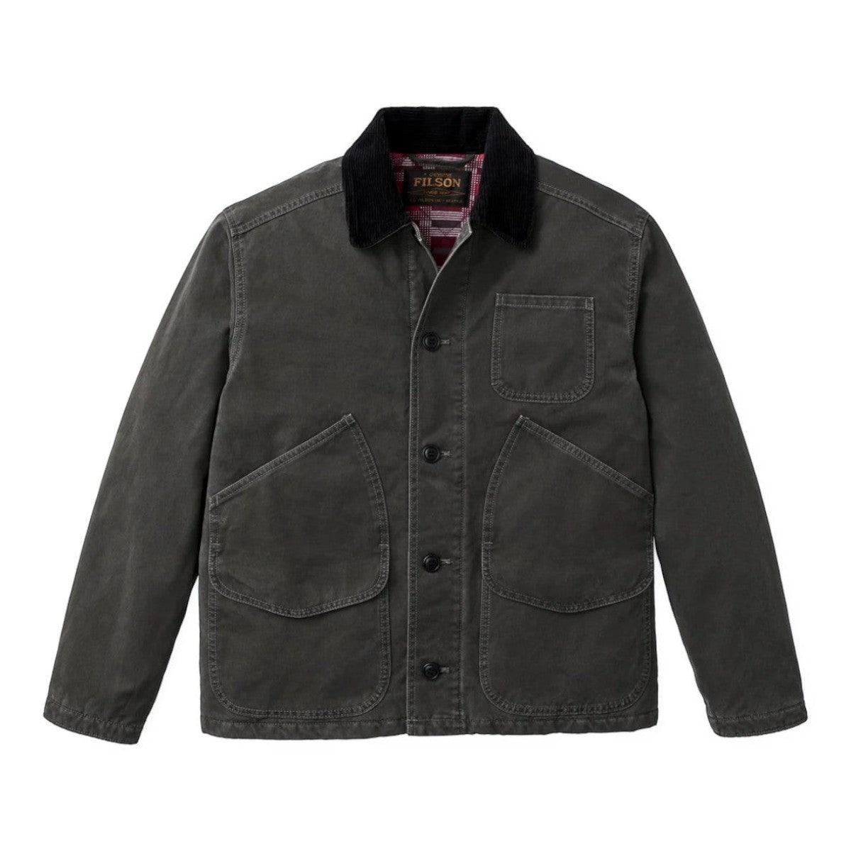 MILWORKS Filson insulated canvas outfitter jacket in peat green with a black corduroy collar and plaid flannel lining.
