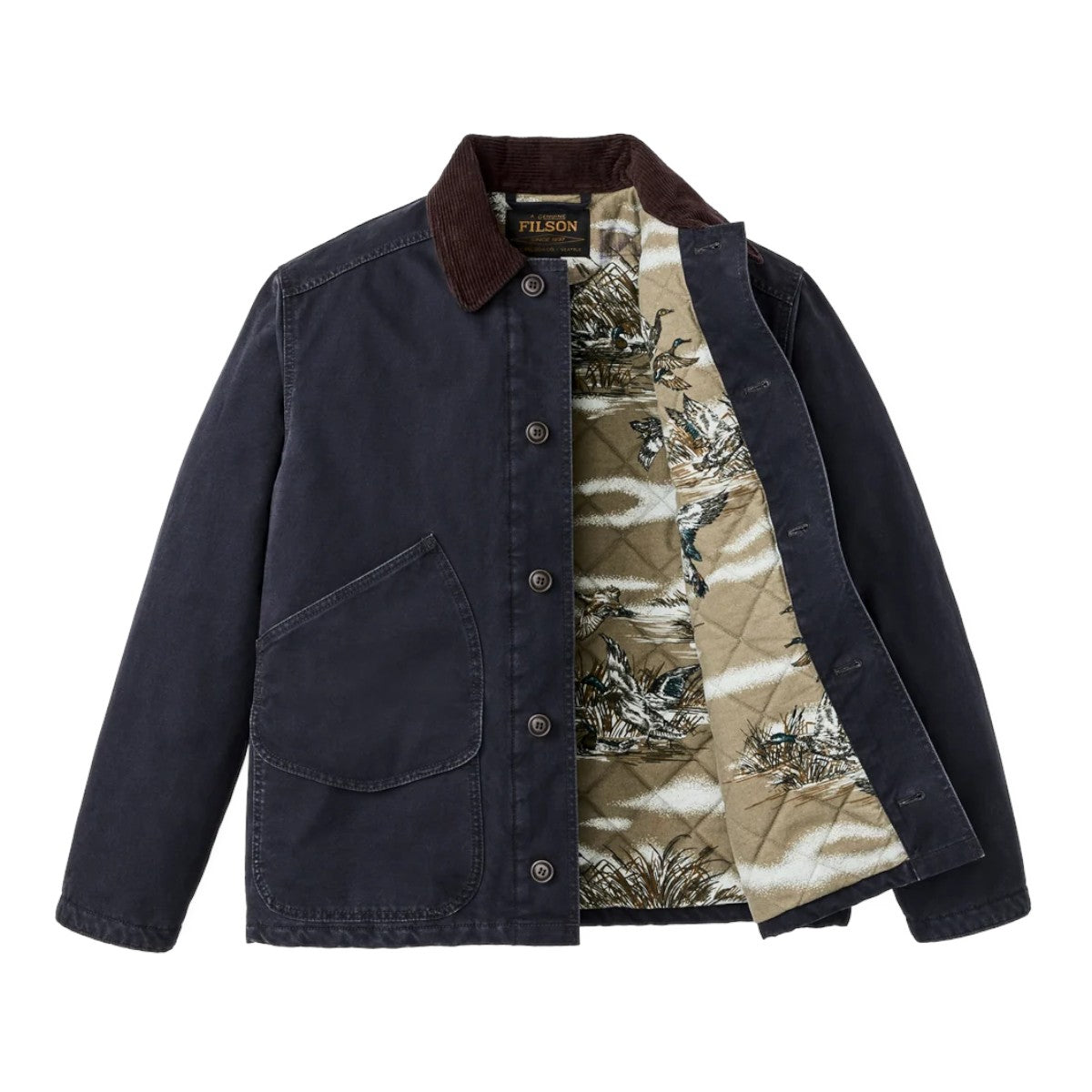 MILWORKS Filson dark navy insulated canvas outfitter jacket with a brown corduroy collar and patterned interior lining.