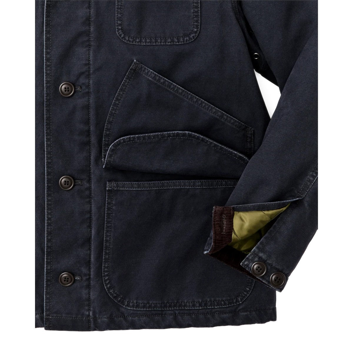 MILWORKS Filson dark navy insulated canvas outfitter jacket featuring button-front closure and utility cargo pockets.