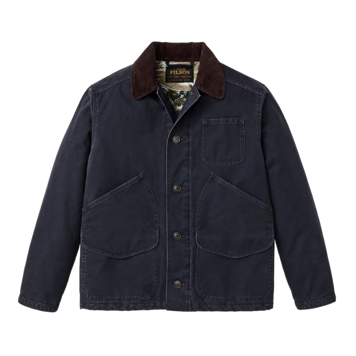 MILWORKS Filson dark navy insulated canvas outfitter jacket with a brown corduroy collar and button-front closure.