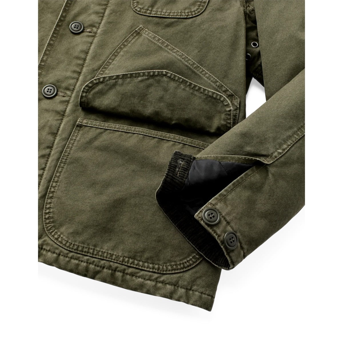 MILWORKS Filson insulated dark olive canvas outfitter jacket with button-front, cargo pockets, and corduroy cuffs.