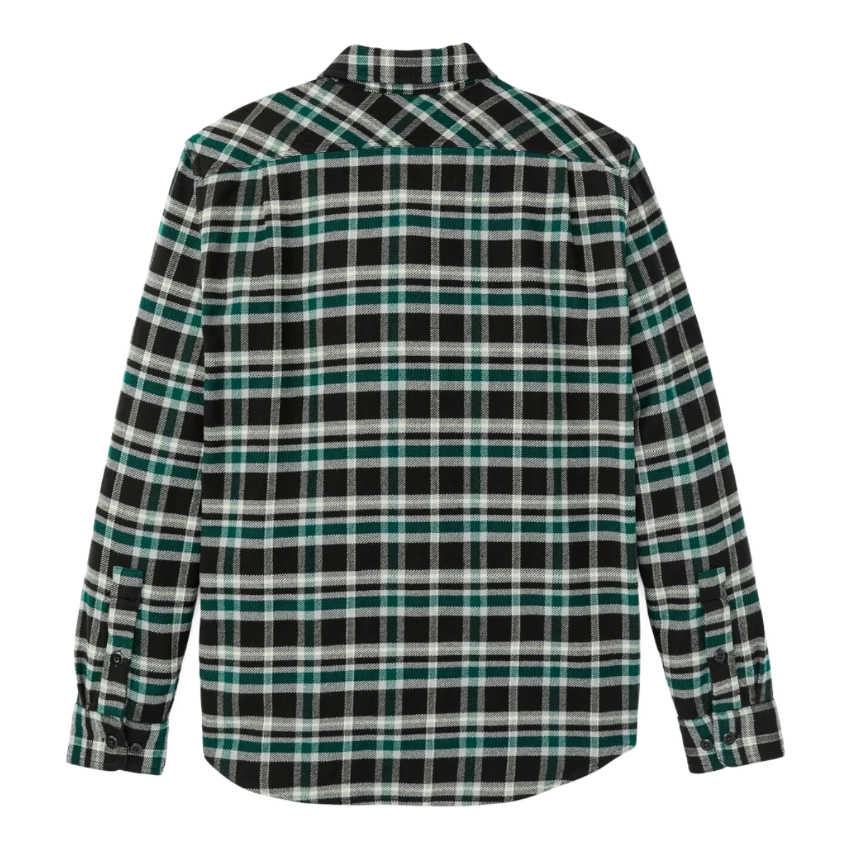 Back view of MILWORKS Filson vintage flannel work shirt in black and green plaid with shoulder pleats