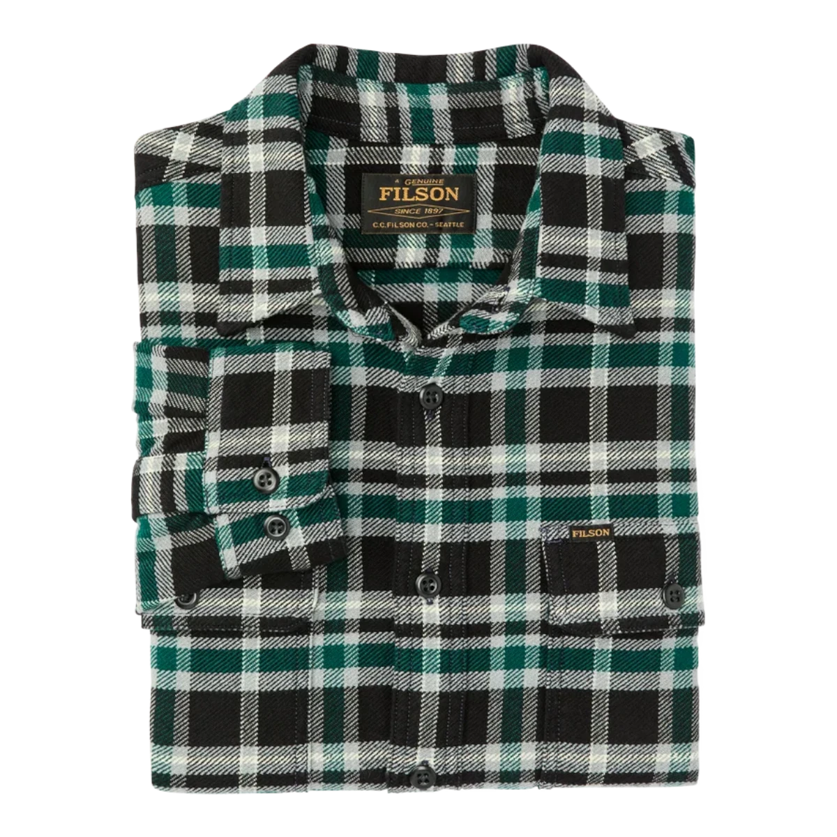 MILWORKS Filson vintage flannel work shirt in black and green plaid with button-flap chest pockets and long sleeves.