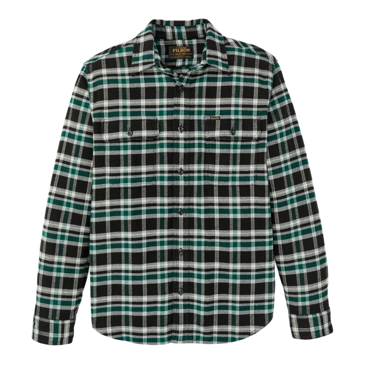 MILWORKS Filson vintage flannel work shirt in black and green plaid with button-flap chest pockets and long sleeves.