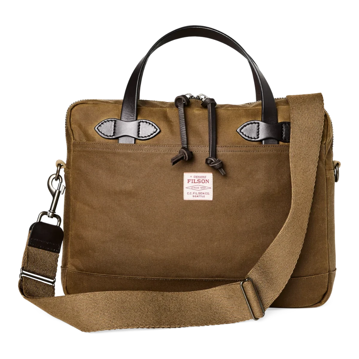 MILWORKS Filson Tin Cloth compact briefcase in dark tan waxed cotton with bridle leather handles and shoulder strap.