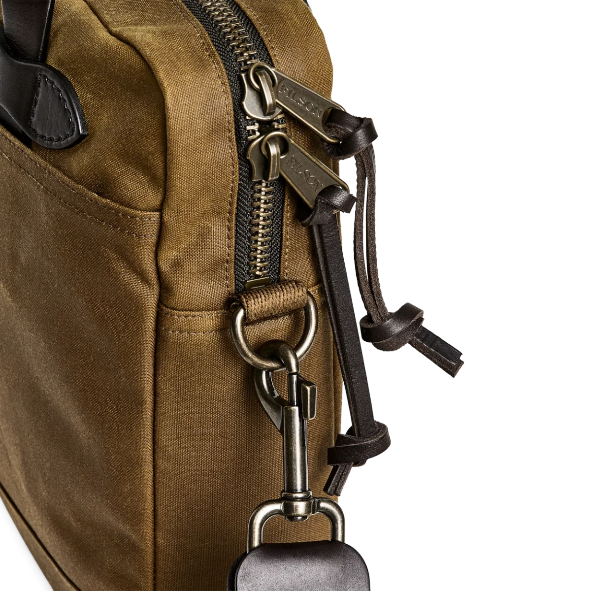 MILWORKS Filson Tin Cloth compact briefcase in dark tan waxed canvas with leather handles and metal zipper detail