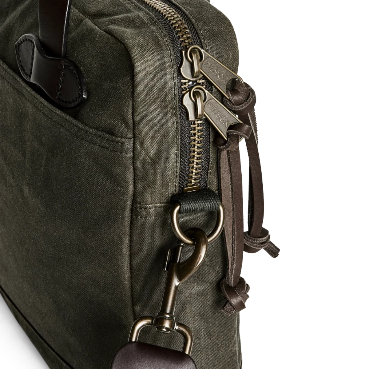 MILWORKS Filson Tin Cloth compact briefcase in otter green with leather handles and metal zipper detail
