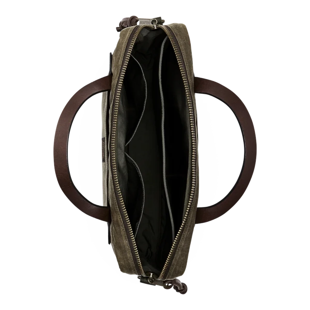 MILWORKS Filson Tin Cloth Compact Briefcase in Otter Green showing the open interior with padded laptop compartment