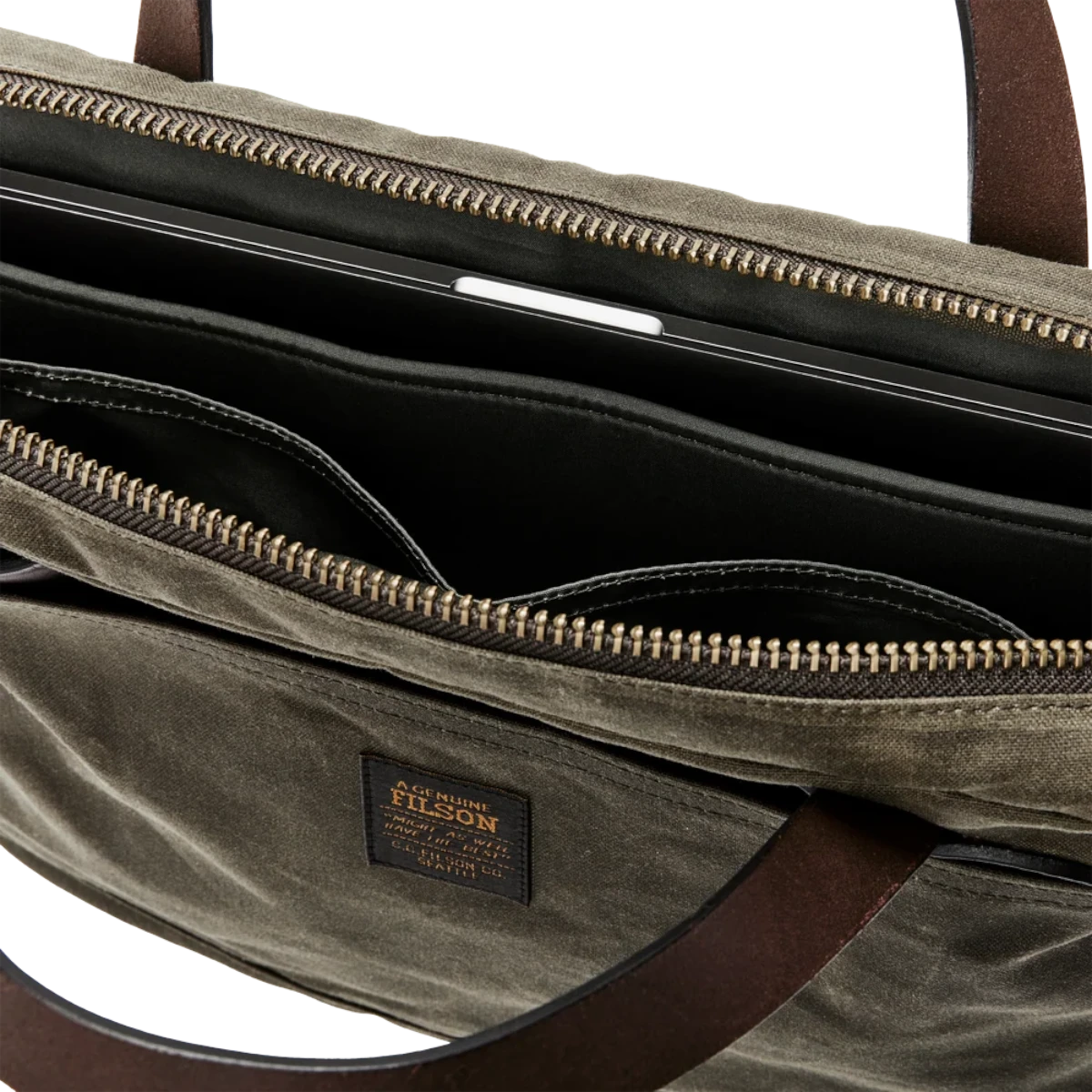 MILWORKS Filson Tin Cloth Compact Briefcase in Otter Green with laptop compartment, metal zipper, and leather handles