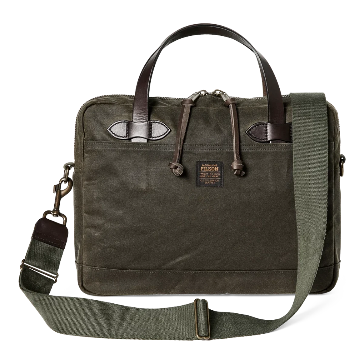 MILWORKS Filson Tin Cloth compact briefcase in otter green waxed cotton with bridle leather handles and shoulder strap