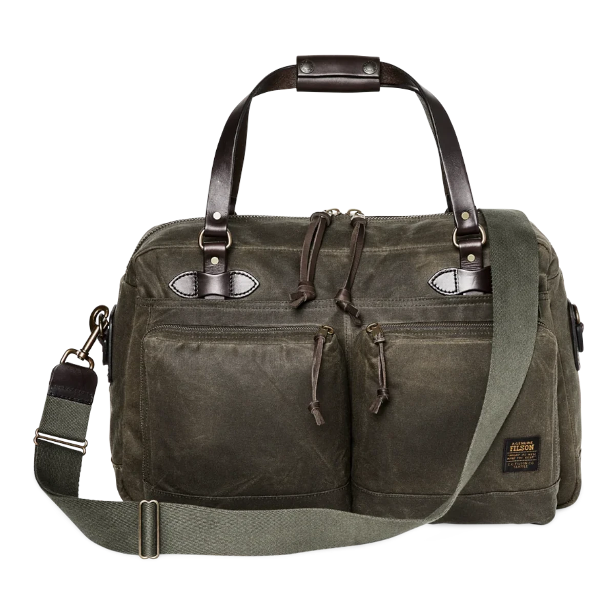 MILWORKS Filson 48-Hour Tin Cloth Duffle in Otter Green with Bridle Leather handles and adjustable shoulder strap.