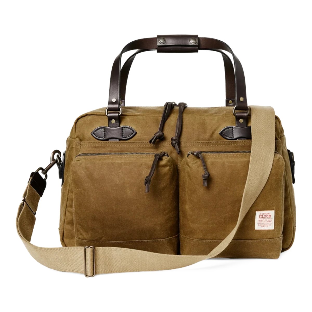 MILWORKS Filson 48-Hour dark tan oil finish Tin Cloth duffle bag with Bridle Leather handles and shoulder strap